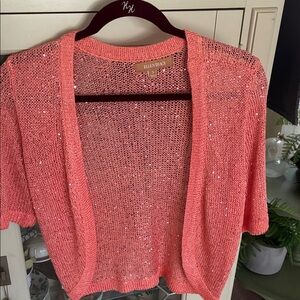 Ellen Tracy Coral Sequin Open-Front Short-Sleeve Cardigan